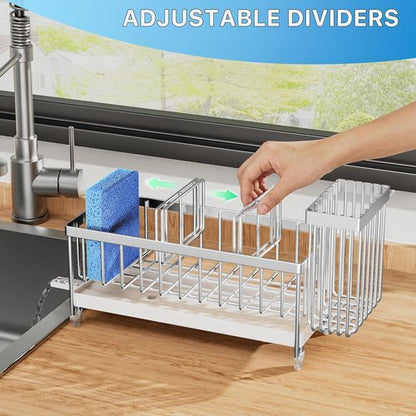 Cisily Kitchen Sink Caddy Organizer - Rustproof 304 Stainless Steel Sponge Holder | Silver, 9.25”