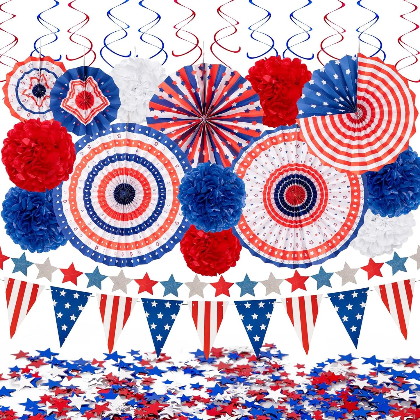 Red White Blue 29PCS Fourth of July Decorations Set | USA Flag Pennant, Paper Fans & Pom Poms