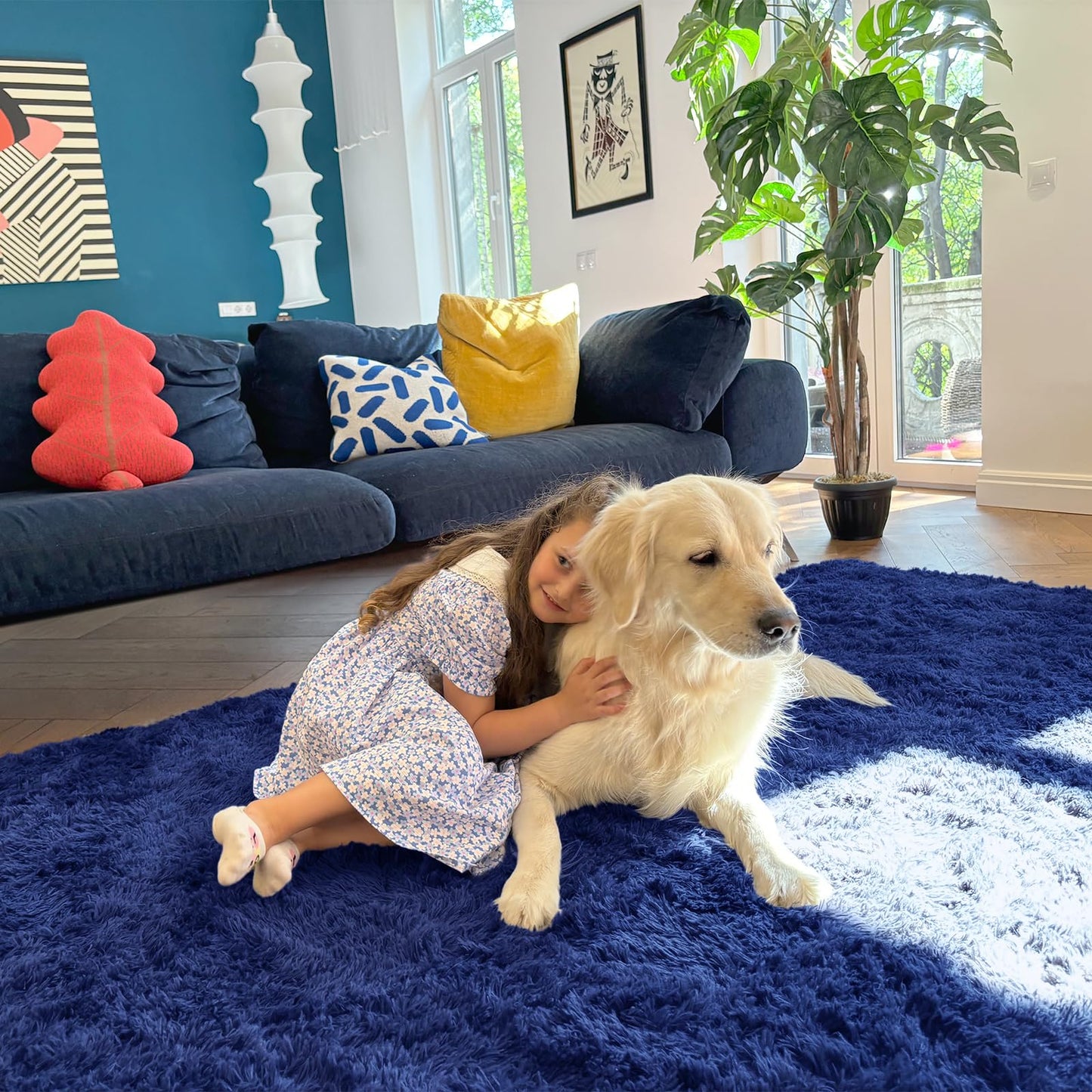 OLANLY 2x6 Machine Washable Runner Rugs for Hallway, Soft Fluffy Shaggy Bedside Rugs for Bedroom, Living Room, Indoor Floor Carpet for Kids Girls Boys, Nursery Rooms, Home Decor Aesthetic, Navy Blue