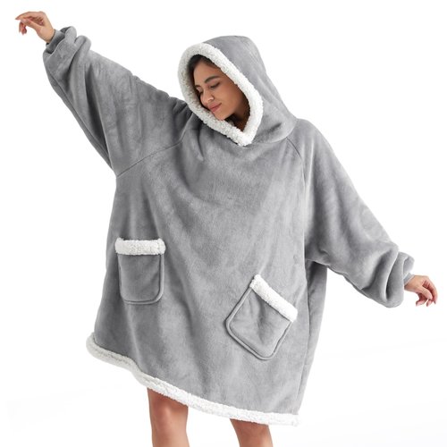 Bedsure Blanket Hoodie, Wearable Blanket Hoodie as Gifts for Mom, Birthday Gifts for Women Kids Teens Mother's Day Sherpa Sweatshirt, Grey, Standard