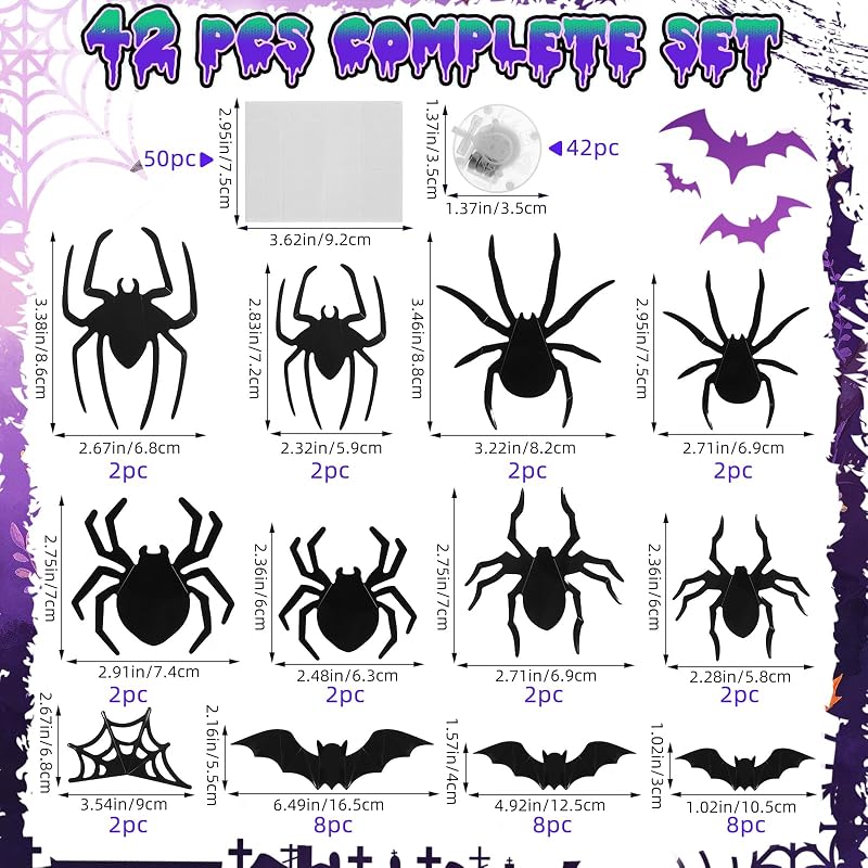 LED Halloween Wall Decor Set – 42pcs 3D Bats & Spiders with Green & Purple Lights