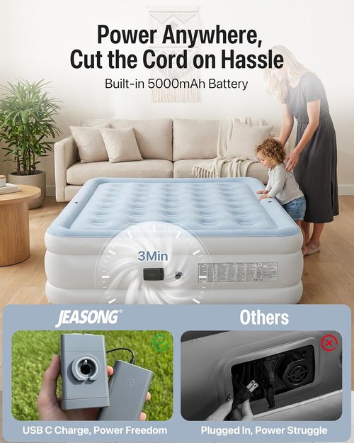 JEASONG Queen Air Mattress - 20" Raised Inflatable Bed with Built-in Pump & Headboard | Portable for Camping & Guests