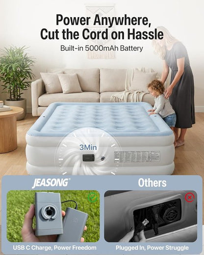 JEASONG Queen Air Mattress - 20" Raised Inflatable Bed with Built-in Pump & Headboard | Portable for Camping & Guests