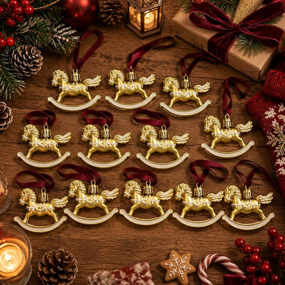 12 Pcs Christmas Rocking Horse Ornaments with Ribbon