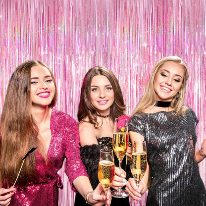 Skiennix Shiny Pink Tinsel Foil Fringe Curtains - 2 Pack Party Backdrop for Birthdays & Showers