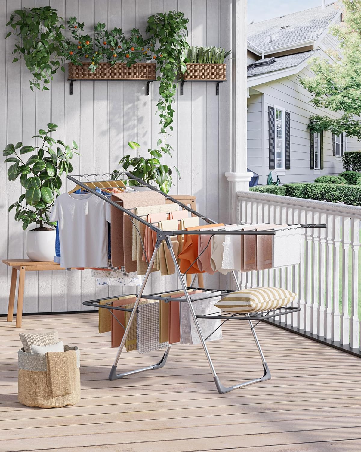 Sakugi Clothes Drying Rack - Foldable 2-Level Design with Height-Adjustable Wings | Space-Saving Indoor & Outdoor Use, Gray 55.5" L × 22.8" W