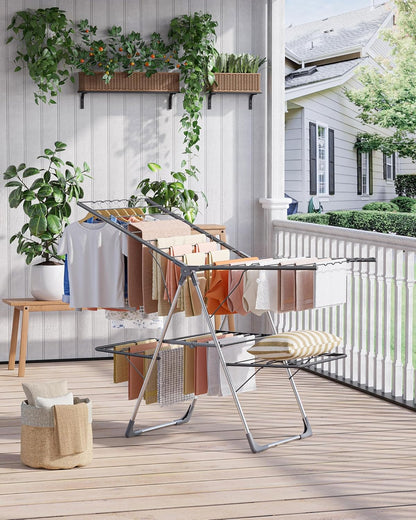 Sakugi Clothes Drying Rack - Foldable 2-Level Design with Height-Adjustable Wings | Space-Saving Indoor & Outdoor Use, Gray 55.5" L × 22.8" W
