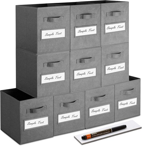 Artsdi 11-Inch Storage Cube Bins - Foldable Fabric Organizers with Labels & Pen | Gray (Set of 10)