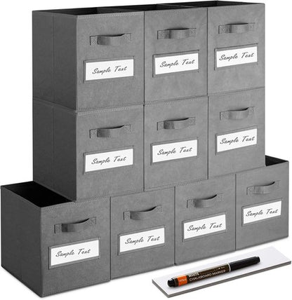 Artsdi 11-Inch Storage Cube Bins - Foldable Fabric Organizers with Labels & Pen | Gray (Set of 10)