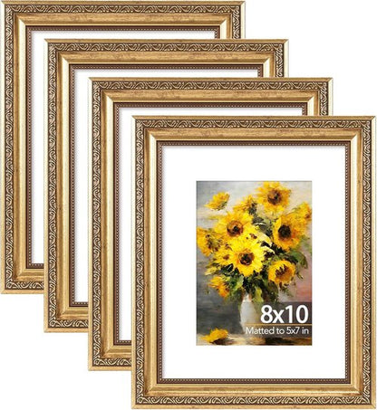 JCJMY Vintage Picture Frame Set of 4 - Elegant 8x10 Frames with 5x7 Mats | Shatter-Resistant Plexiglass, Gold