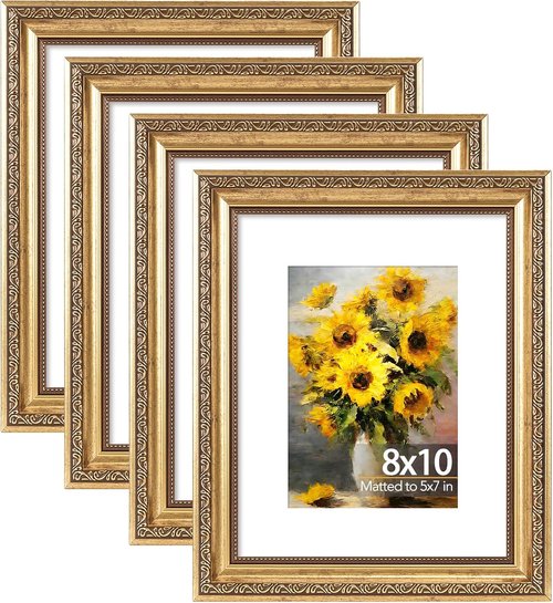 JCJMY Vintage Picture Frame Set of 4 - Elegant 8x10 Frames with 5x7 Mats | Shatter-Resistant Plexiglass, Gold