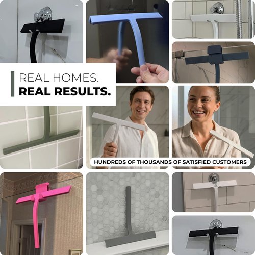 GÜTEWERK Silicone Shower Squeegee for Glass Doors & Mirrors with Stainless Steel Core, Streak-Free & No-Squeak Window Cleaning, 3-in-1 No-Drill Mount (Hook/Suction/Adhesive),White, 9 Inches