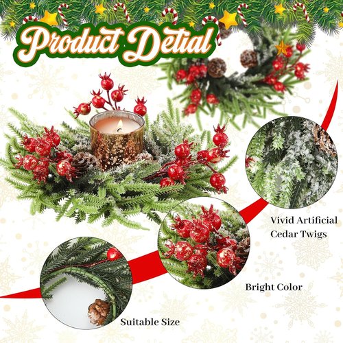 8 Pcs Christmas Candle Rings - 10 Inch Rustic Artificial Berries & Pine Cone Wreaths for Table Centerpieces