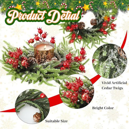 8 Pcs Christmas Candle Rings - 10 Inch Rustic Artificial Berries & Pine Cone Wreaths for Table Centerpieces