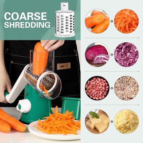 Cambom Rotary Cheese Grater - Hand Crank Shredder for Fresh Cheese & Vegetables | Non-Slip Base, Deep Green