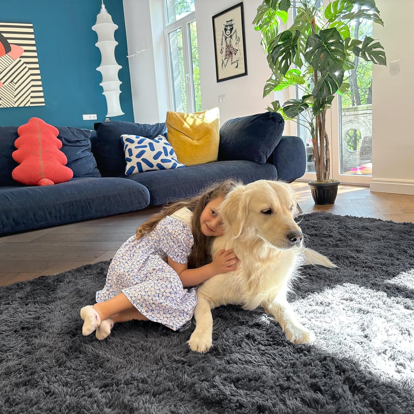OLANLY 5x5 Area Rug - Soft Fluffy Shaggy Design | Machine Washable Indoor Carpet in Grey for Kids & Home Decor