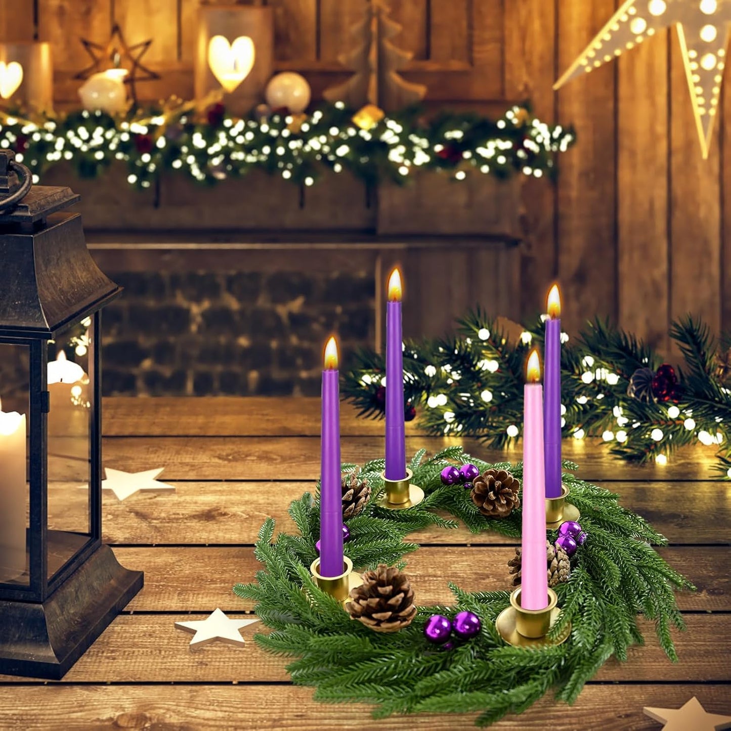 Norfolk Pine Advent Wreath - Purple Berries & Pinecones | Elegant Holiday Centerpiece Decor