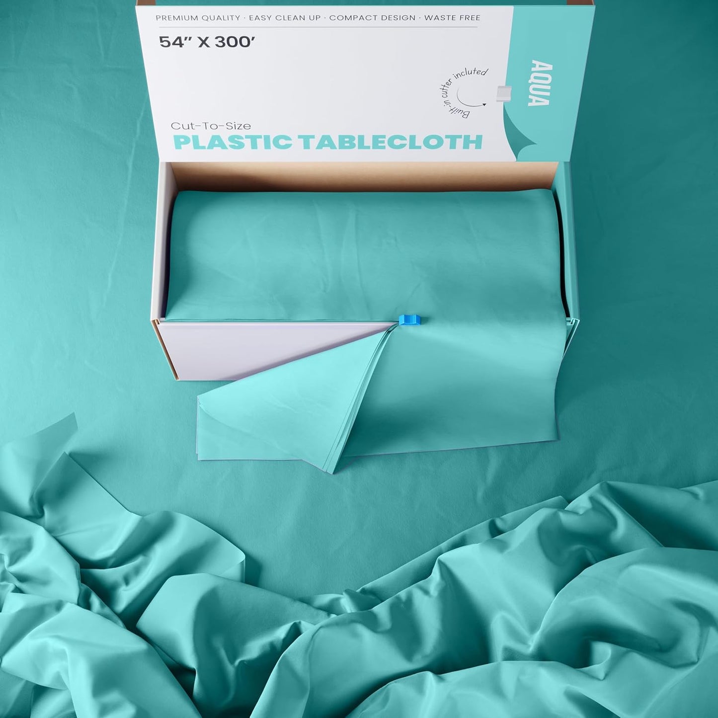 Party Solids Aqua Plastic Table Cover Roll - 54 Inch X 300 Feet with Convenient Slide Cutter