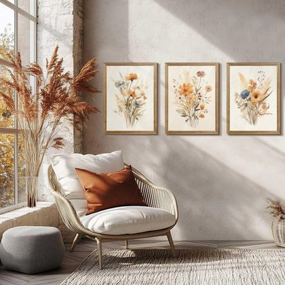 Framed Vintage Wildflower Canvas Wall Art - Set of 3 Rustic Floral Prints | 12" x 16" for Bedroom & Living Room