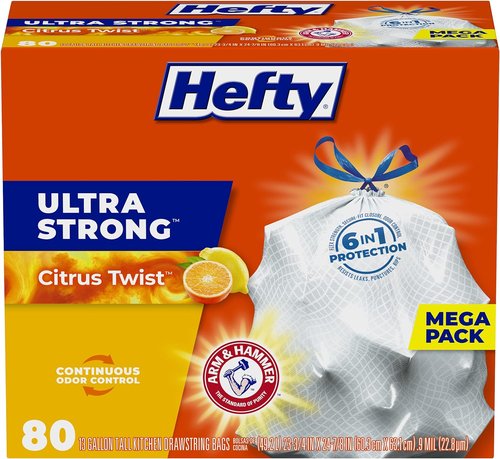 Hefty Ultra Strong 13 Gallon Trash Bags - Drawstring Closure & Odor Control | 80 Count, Citrus Twist Scent