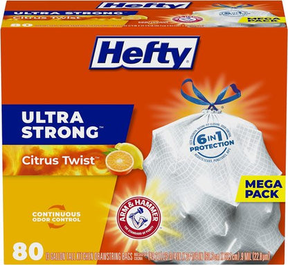 Hefty Ultra Strong 13 Gallon Trash Bags - Drawstring Closure & Odor Control | 80 Count, Citrus Twist Scent