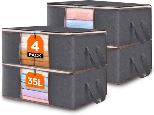 Lifewit 35L Clothes Storage Bins - Foldable Blanket Bags with Zippers & Clear Window | 4 Pack
