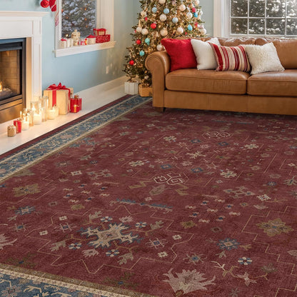 Vintage Burgundy Boho Dining Room Rug - Lightweight Washable 6x9 Low Pile Carpet | Southwestern Aesthetic