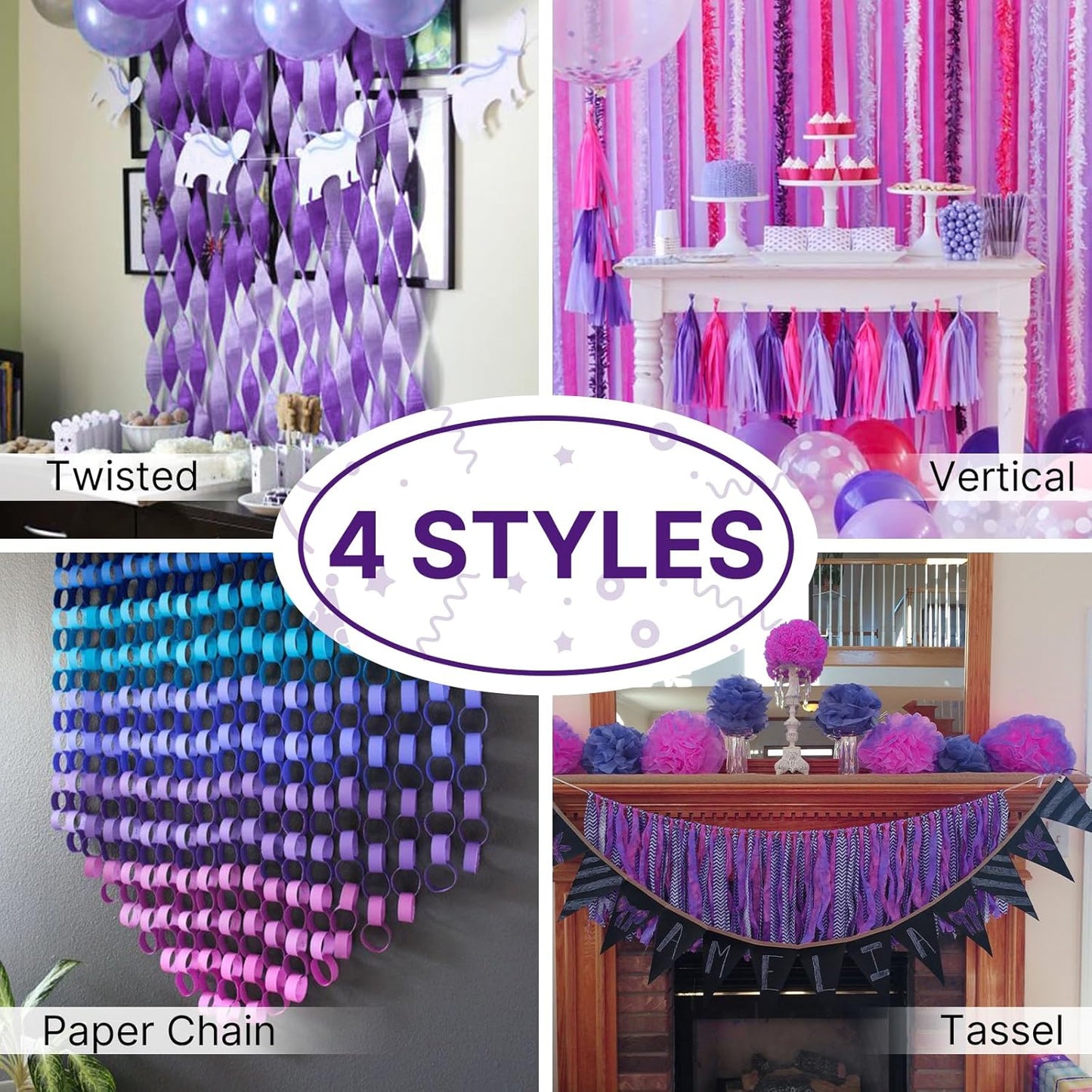 PartyWoo Crepe Paper Streamers - Metallic Silver & Purple Colors | 6 Rolls, 492ft Total for Celebrations