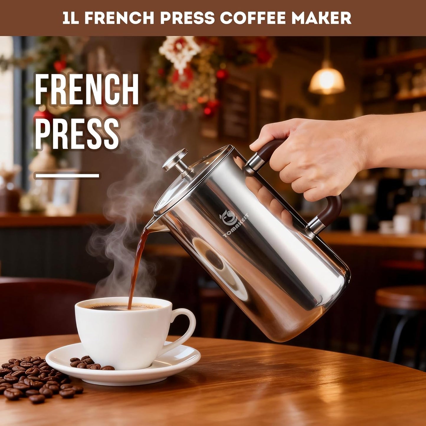 Skiennix French Press Coffee Maker - Durable 304 Stainless Steel, Easy Clean & Leak-Proof | 1L/34 Oz (Silver Upgrade)