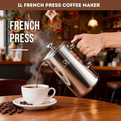 Skiennix French Press Coffee Maker - Durable 304 Stainless Steel, Easy Clean & Leak-Proof | 1L/34 Oz (Silver Upgrade)