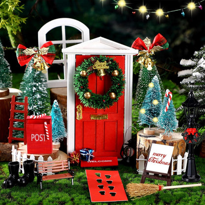 Syhood 29 Pcs Christmas Fairy Door Decorations - Enchanted Miniature Wooden Kit for Outdoor Xmas Decor