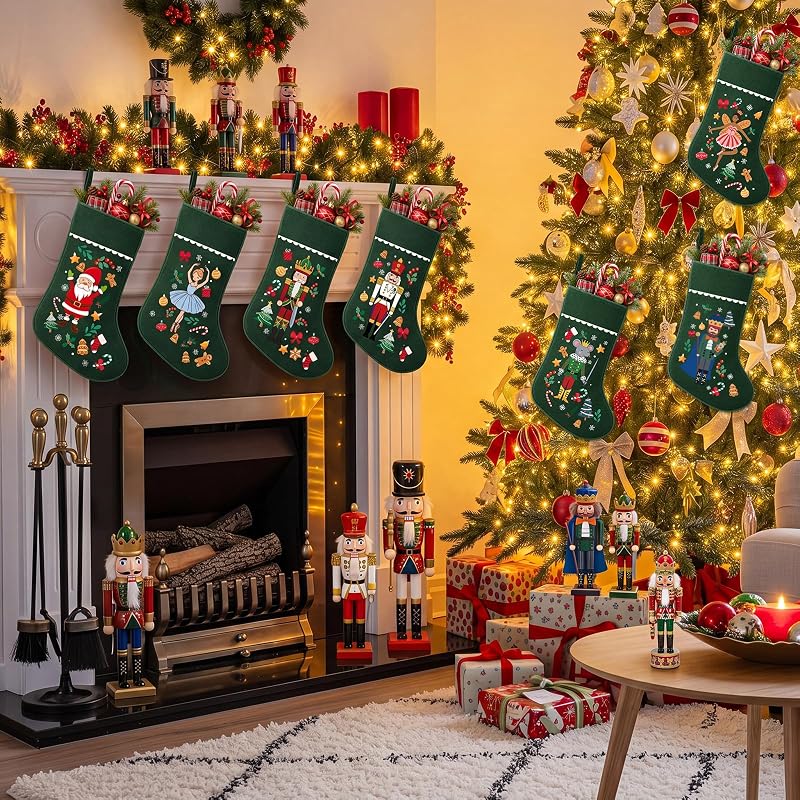 Christmas Stockings 18 Inch Set of 7 — Personalized Nutcracker Green Theme (Variation: 7+Green Fairy Tale)