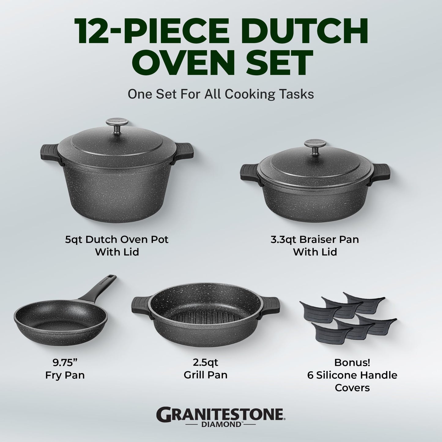 Granitestone 12 Pc Pots and Pans Set Non Stick, Nesting Dutch Oven Pots Set with Lid + Removeable Silicone Handles, Induction Cookware Sets for Kitchen, Dishwasher and Oven Safe