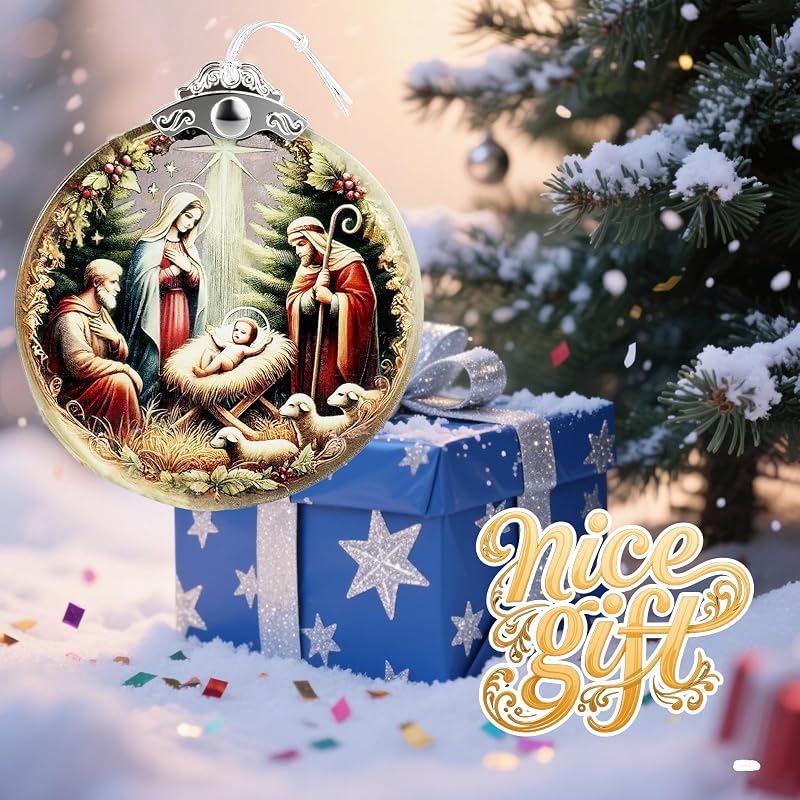 Nativity Scene Stained Glass Ornament - Flat Christmas Tree Hanging Ornament - Variation: Nativity