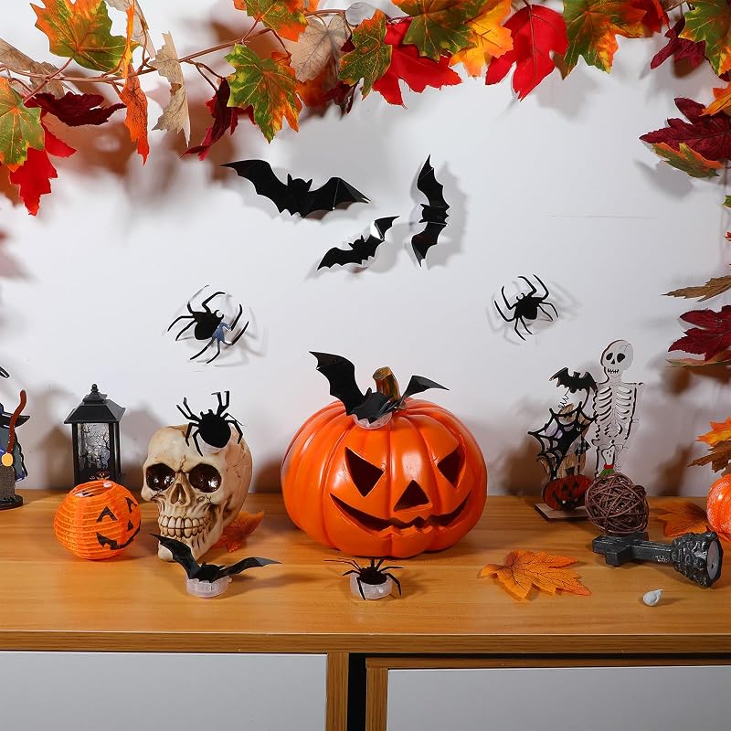 LED Halloween Wall Decor Set – 42pcs 3D Bats & Spiders with Green & Purple Lights