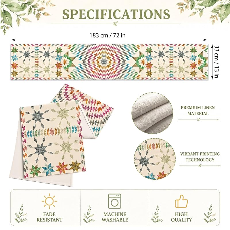 Multi Color Boho Mandala Table Runner 72in, Linen Geometric Snowflake Star