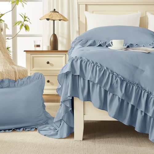 Andency Grayish Blue Full Size Comforter Set, 3 Pieces Lightweight Fluffy Shabby Chic Ruffle Bedding Comforter Sets, All Season Soft Microfiber Bed Set for Kids, Boys, Men(79x90Inch)