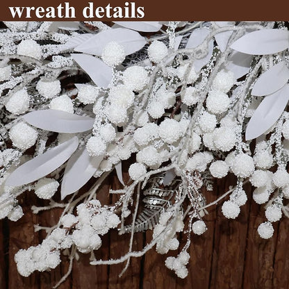 20 Inch Snow Flocked Wreath with White Berries, Leaves & Twigs - Front Door & Outdoor Decor (Variation: 20"-flocked berries)