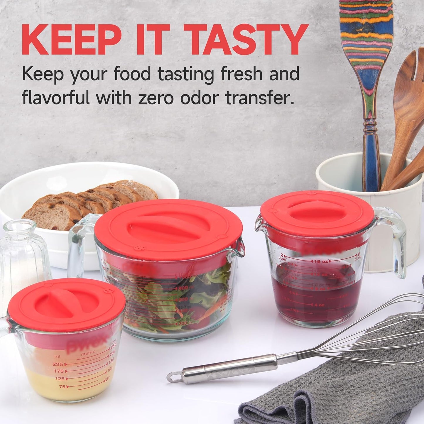 Silicone Lids by Pyrex - Food-Grade Replacement Lids for 1, 2 & 4 Cup Measuring Cups | Red, Microwave & Dishwasher Safe - 3 Pack