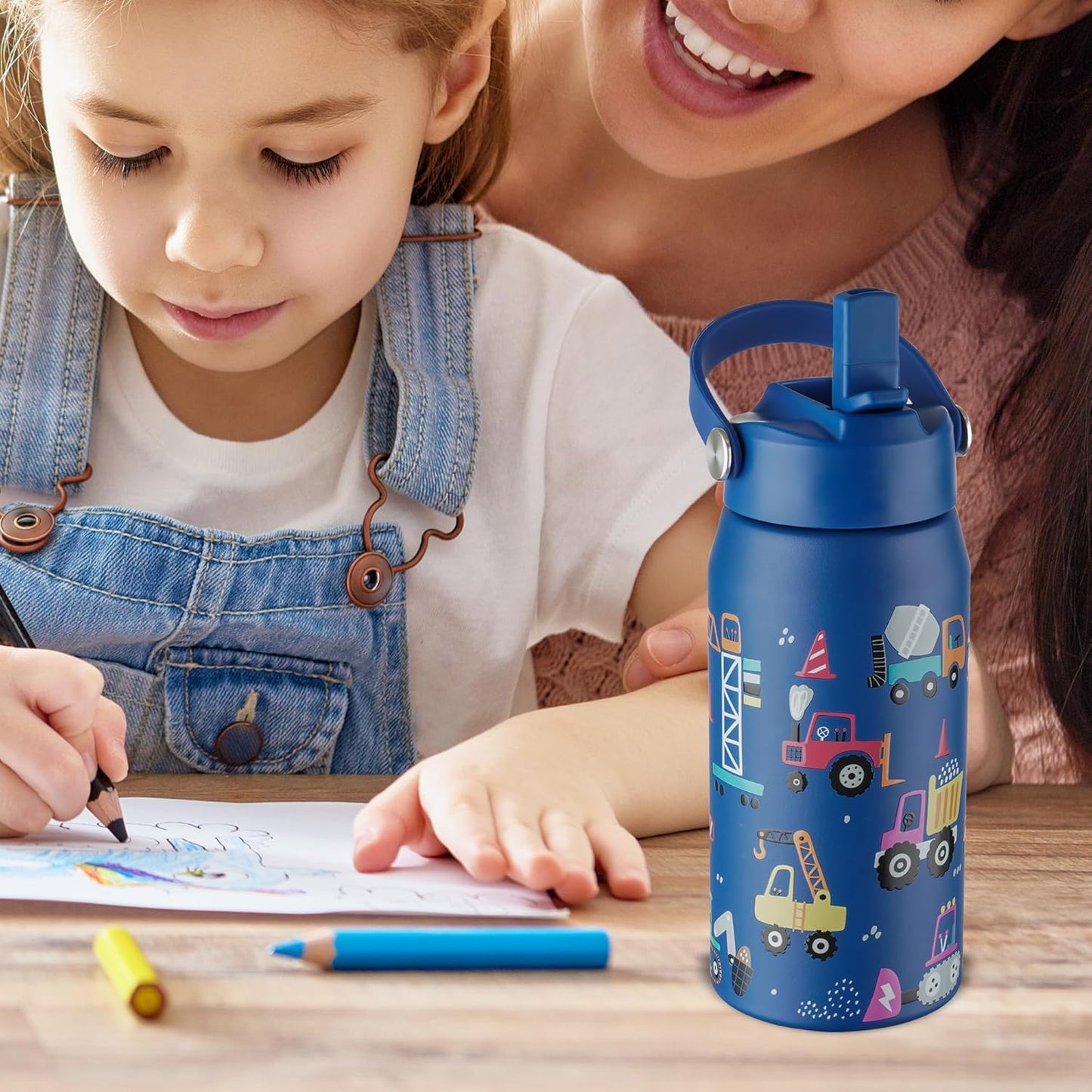 OLDLEY Kids Water Bottle - 18oz Insulated Stainless Steel | Leakproof Design with Wide Straw Lid - Blue Engineering Car