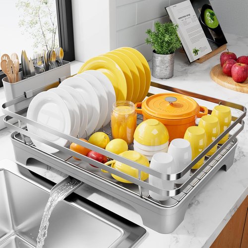 Kitsure Dish Drying Rack - Multi-Functional Kitchen Counter Rack with Cutlery Holder | Rust-Proof, 15.7" x 12" x 5.5", Silver Grey