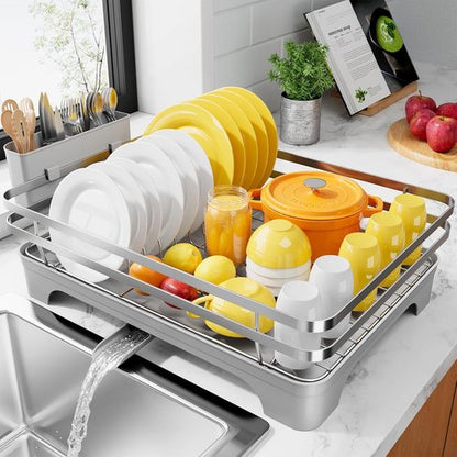 Kitsure Dish Drying Rack - Multi-Functional Kitchen Counter Rack with Cutlery Holder | Rust-Proof, 15.7" x 12" x 5.5", Silver Grey