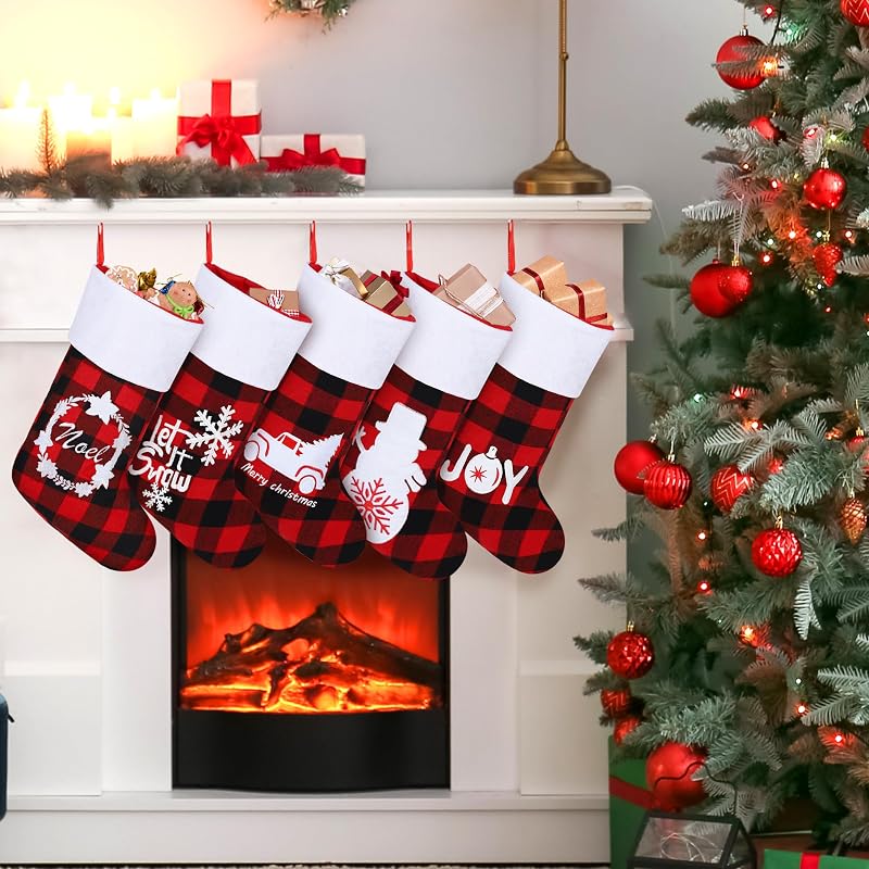 16 Pack Felt Christmas Stockings 18in Red Black Buffalo Plaid with Reindeer Scenes - Holiday Fireplace Decor