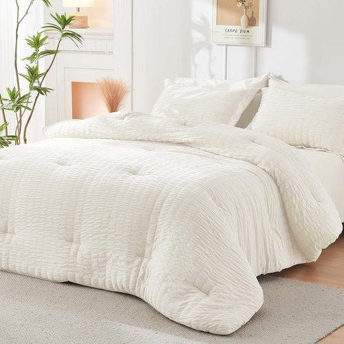 HYMOKEGE Ivory Queen Comforter Set Seersucker 7 Pieces, All Season Luxury Bed in a Bag for Bedroom, Bedding Set with Comforters, Sheets, Pillowcases & Shams