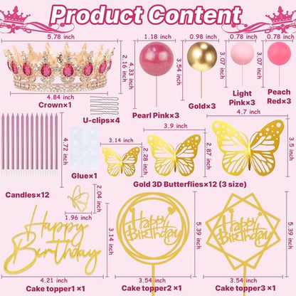 AMZVALU Crown Cake Topper Set - 3 Happy Birthday Decorations with Ball Candles & Butterflies | Rose Gold & Pink