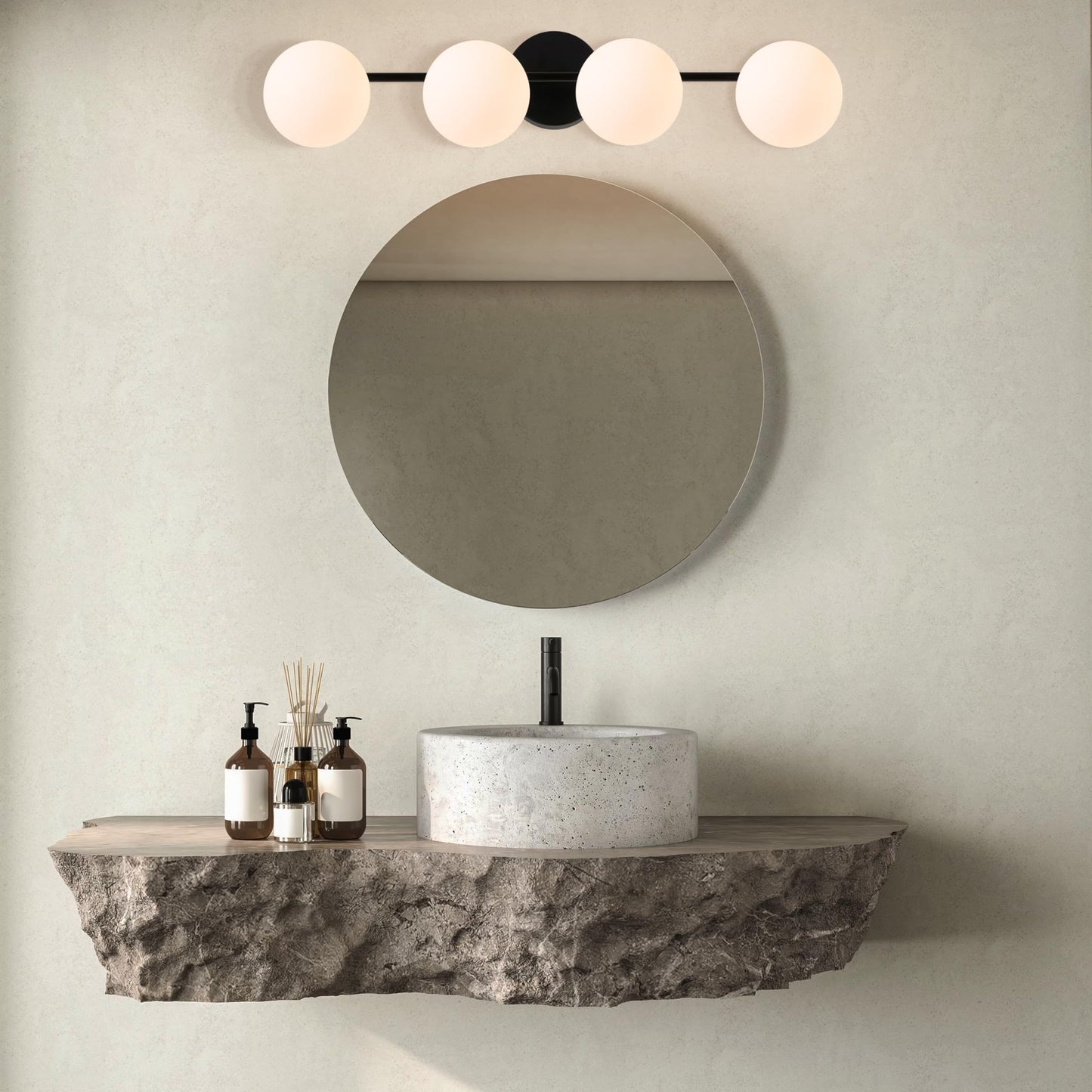 esme baia Modern Bathroom Vanity Light Fixtures 4 Lights Black and Milk White Glass Globe Shade Modern Wall Sconce Lighting Bath Vanity Lights Bar Over Mirror (Exclude G9 Bulb)