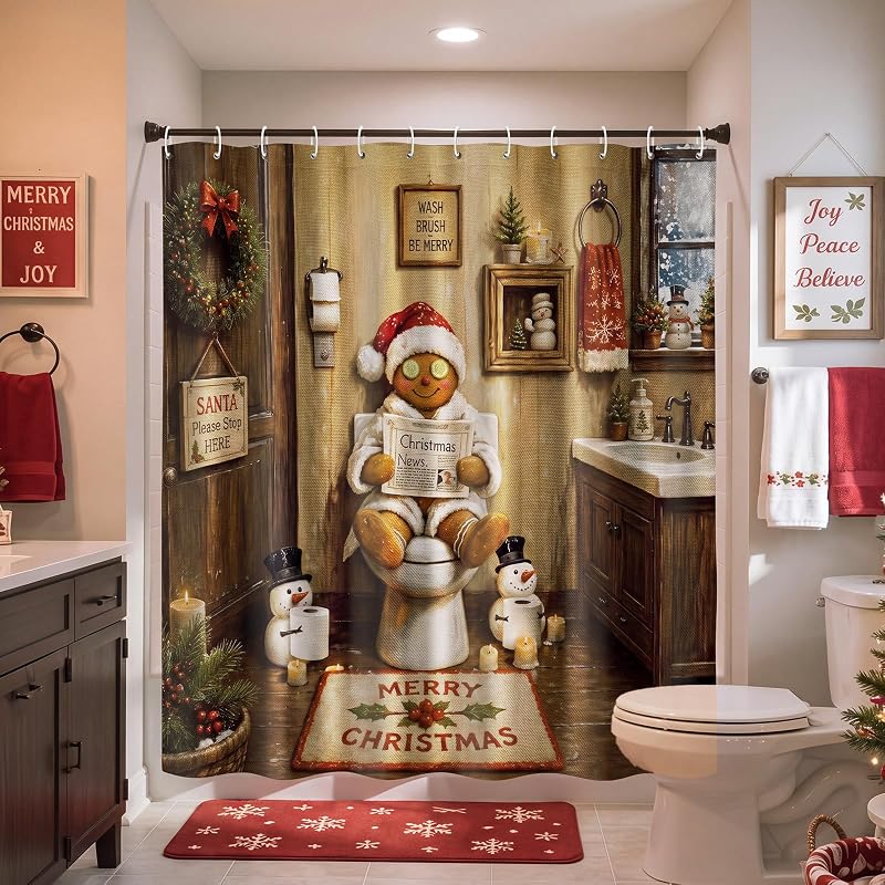 Irenare Toilet Relax Gingerbread Shower Curtain Set with 12 Hooks - 72 x 72 Inches
