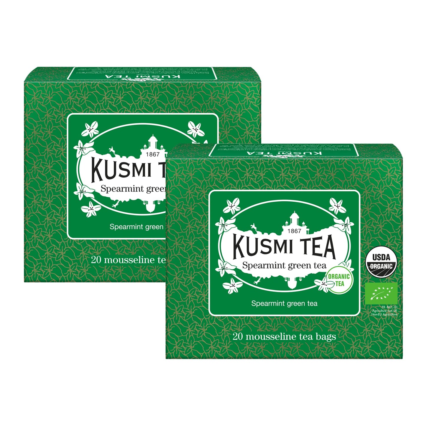 Kusmi Tea - Pack of 2 Boxes of Tea Bags - Spearmint Green - Organic Blend of Gunpowder Green Tea with Mint - Peppermint Tea - Enjoy Hot or Ice - Organic Flavored Green Tea - 2x20 Tea Bags