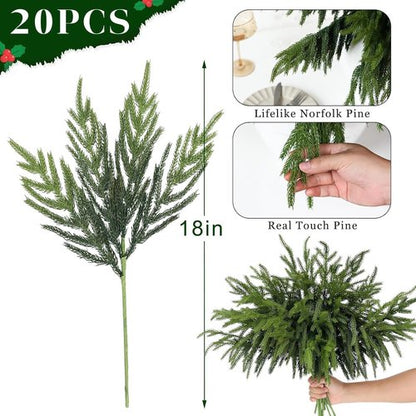 20 Pcs Christmas Norfolk Pine Branches -18" Real Touch Artificial Norfolk Pine Branch Faux Plants Stem Fake Greenery Pine Picks for Vase DIY Crafts Garland Wreath Home Indoor Outdoor Decoration