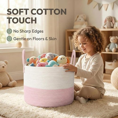 JMvicyroam Extra Large Blanket Basket - Woven Cotton Rope Laundry Hamper with Reinforced Handles | White & Pink, Machine Washable